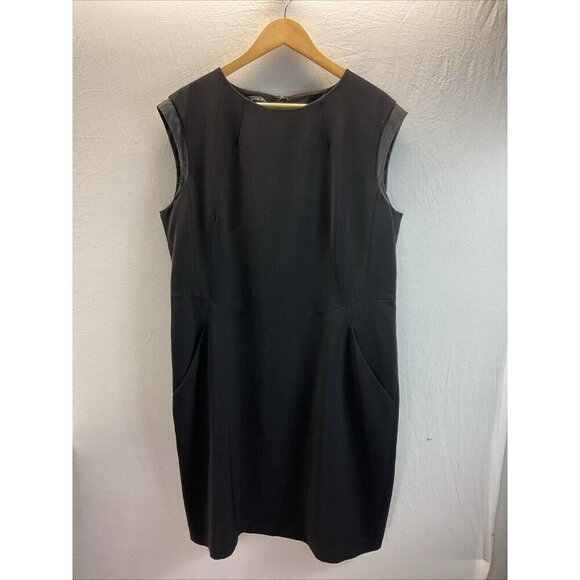 Lafayette 148 New York leather trim Short cap Sleeve Shift Dress Black‎ Size 16 - Picture 1 of 12